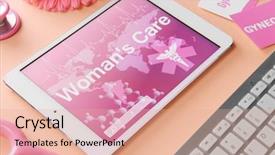  Presentation with uterus - Audience pleasing theme consisting of uterus - tablet with text womans care backdrop and a coral colored foreground