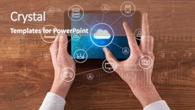  Presentation with cloud computing - Slide deck having utility - hand touching tablet with cloud background and a coral colored foreground