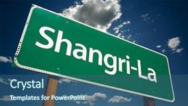  Presentation with road - Presentation theme having utopia - shangri-la green road sign background and a ocean colored foreground