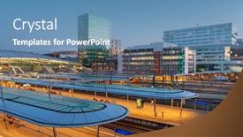  Presentation with train - Beautiful slide deck featuring utrecht-netherlands-cityscape-over-train backdrop and a teal colored foreground