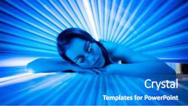  Presentation with young business woman smile show - Presentation theme consisting of uv treatment - attractive young woman tanning background and a teal colored foreground