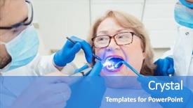  Presentation with hardening - Slide deck having uv treatment - dentists hardening toot crown background and a teal colored foreground