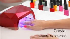  Presentation with beauty salon - Presentation featuring uv treatment - woman getting a manicure background and a coral colored foreground