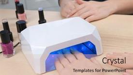  Presentation with manicure - Beautiful PPT layouts featuring uv treatment - woman using uv lamp backdrop and a lemonade colored foreground