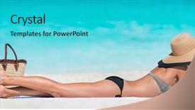  Presentation with sand ocean - Beautiful presentation featuring uv water - beach summer vacation woman relaxing backdrop and a cyan colored foreground