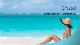  Presentation with sun tanning - Beautiful presentation featuring uv water - bikini woman beach vacation sun backdrop and a light blue colored foreground