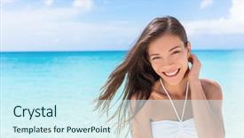  Presentation with healthy living - Slides having uv water - happy beach asian woman living background and a cool aqua colored foreground