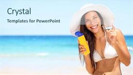  Presentation with sunscreen - Audience pleasing PPT theme consisting of uv water - sunscreen beach woman in bikini backdrop and a sky blue colored foreground