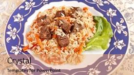  Presentation with national - Theme with uzbek national dish - plov on the plate background and a coral colored foreground