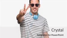  Presentation with two way street sign - Beautiful PPT layouts featuring v - handsome young man wearing headphones backdrop and a light gray colored foreground