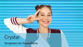  Presentation with girl teens - Amazing slide set having v - people gesture and teens concept backdrop and a  colored foreground