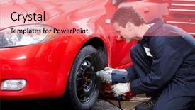  Presentation with mechanic shop - Beautiful PPT theme featuring v in auto repair shop backdrop and a coral colored foreground