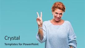  Presentation with victory - Amazing slide deck having v rus - atrractive senior caucasian redhead woman backdrop and a  colored foreground