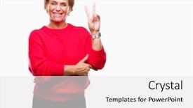  Presentation with victory - Slide set enhanced with v rus - atrractive senior caucasian redhead woman background and a  colored foreground