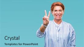  Presentation with victory - PPT theme having v rus - atrractive senior caucasian redhead woman background and a  colored foreground