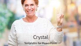  Presentation with victory - PPT theme consisting of v rus - atrractive senior caucasian redhead woman background and a  colored foreground