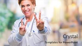  Presentation with medical smiling doctor - Presentation with v rus - senior caucasian doctor woman wearing background and a  colored foreground