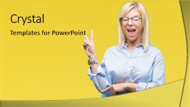  Presentation with victory - Cool new slide set with v rus - young beautiful blonde business woman backdrop and a yellow colored foreground