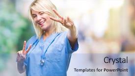  Presentation with medical smiling doctor - Beautiful PPT layouts featuring v rus - young beautiful blonde doctor woman backdrop and a  colored foreground