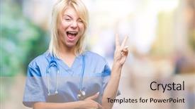  Presentation with medical smiling doctor - Amazing slide deck having v rus - young beautiful blonde doctor woman backdrop and a  colored foreground