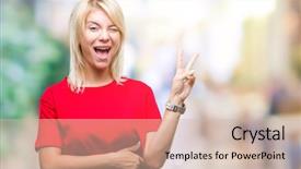  Presentation with victory - Beautiful presentation design featuring v rus - young beautiful blonde woman wearing backdrop and a  colored foreground