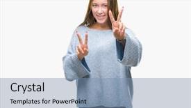  Presentation with victory - Audience pleasing slide deck consisting of v rus - young beautiful caucasian woman wearing backdrop and a  colored foreground