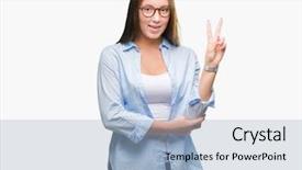  Presentation with victory - Audience pleasing slide deck consisting of v rus - young caucasian beautiful business woman backdrop and a  colored foreground