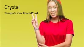  Presentation with victory - Cool new theme with v rus - young caucasian beautiful woman backdrop and a  colored foreground