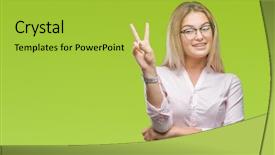  Presentation with young business woman smile show - Presentation design consisting of v rus - young caucasian business woman wearing background and a  colored foreground