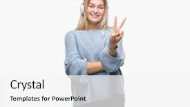  Presentation with listening woman - PPT theme having v rus - young caucasian woman listening background and a white colored foreground