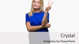  Presentation with victory - Presentation design enhanced with v rus - young caucasian woman over isolated background and a  colored foreground