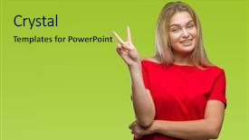  Presentation with victory - Colorful PPT theme enhanced with v rus - young caucasian woman over isolated backdrop and a  colored foreground
