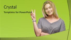  Presentation with victory - PPT theme having v rus - young caucasian woman over isolated background and a  colored foreground