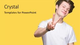  Presentation with victory - PPT theme having v rus - young handsome man wearing casual background and a yellow colored foreground