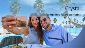  Presentation with swimming pool - Slide deck having vacacion - young couple selfie smartphone photo background and a light blue colored foreground