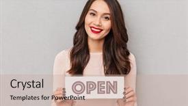  Presentation with long hair - PPT theme enhanced with vacancy - portrait of smiling young woman background and a coral colored foreground