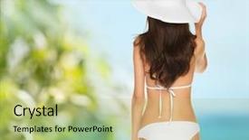  Presentation with vacation - Presentation theme featuring vacation beauty and lingerie concept - back view of beautiful woman in white bikini and hat on a beach background and a mint green colored foreground