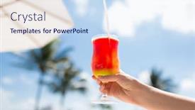 Presentation with beverage - Amazing presentation theme having vacation beverage and travel concept - close-up of female hand holding glass with cocktail backdrop and a sky blue colored foreground