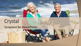 Presentation with senior couple - PPT theme enhanced with vacation camera - senior couple sitting on beach background and a  colored foreground
