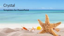  Presentation with sea shell - Amazing PPT theme having vacation dream shell - sandy summer beach with blur backdrop and a light blue colored foreground