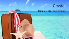  Presentation with shell - PPT theme consisting of vacation dream shell - suitcase and accessories for travelling background and a  colored foreground