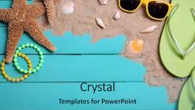  Presentation with surgical items - Slide set consisting of vacation dream shell - summer items on wooden background background and a  colored foreground