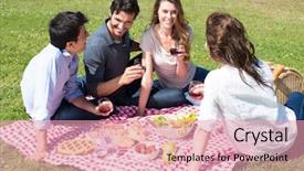  Presentation with group of happy couples - Presentation design having vacation enjoying wine at pic background and a coral colored foreground