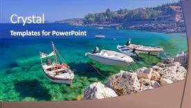  Presentation with zakynthos - Slides having vacation europe - fishing boats at the coast background and a cobalt blue colored foreground