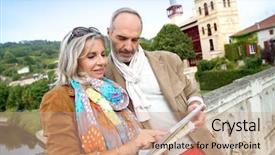  Presentation with tourists - Colorful presentation enhanced with vacation europe - senior couple of tourists backdrop and a coral colored foreground