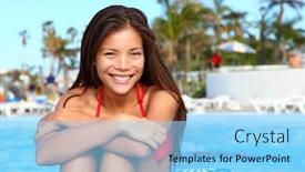  Presentation with happy-holiday - Audience pleasing presentation consisting of vacation girl at pool happy portrait of young woman in summer holiday resort gorgeous mixed race asian caucasian female model in bikini backdrop and a light blue colored foreground