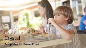  Presentation with restaurant family - Presentation theme with vacation having lunch at hotel background and a coral colored foreground