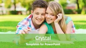  Presentation with friendship - Colorful PPT layouts enhanced with vacation holidays technology and friendship concept - smiling couple lying on blanket and making selfie with smartphone in park backdrop and a seafoam green colored foreground
