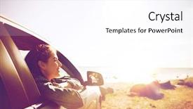  Presentation with young happy people smiling - Amazing PPT theme having vacation holidays travel road trip backdrop and a sky blue colored foreground