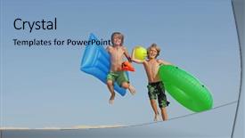  Presentation with kids jumping and lifting hand - Colorful slides enhanced with vacation jumping on the beach backdrop and a  colored foreground